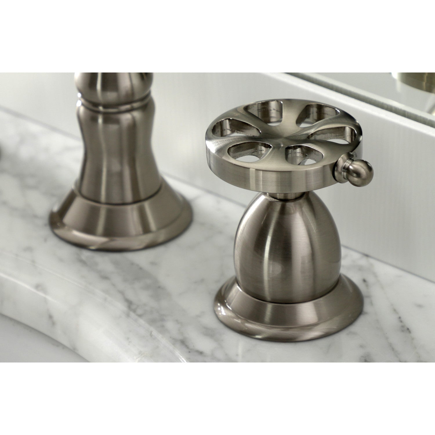 Kingston Heirloom KS1978RX - Belknap Two-Handle 3-Hole Deck Mount Widespread Bathroom Faucet with Brass Pop-Up, Brushed Nickel — thumbnail 2